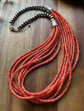 Load image into Gallery viewer, Sterling Silver Multi Strand Orange Bamboo Coral Pearls Bead Necklace 28 Inch