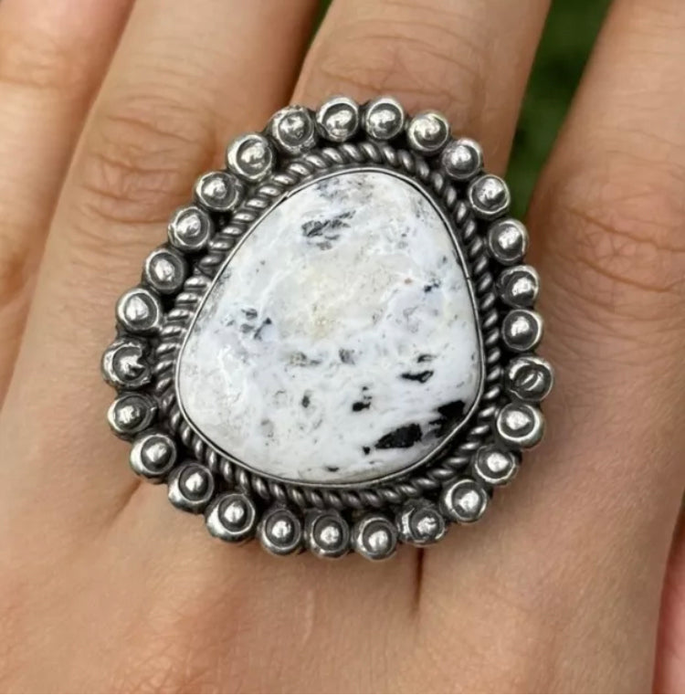 Navajo Sterling Silver White Buffalo Turquoise Adjustable Ring C Yazzie