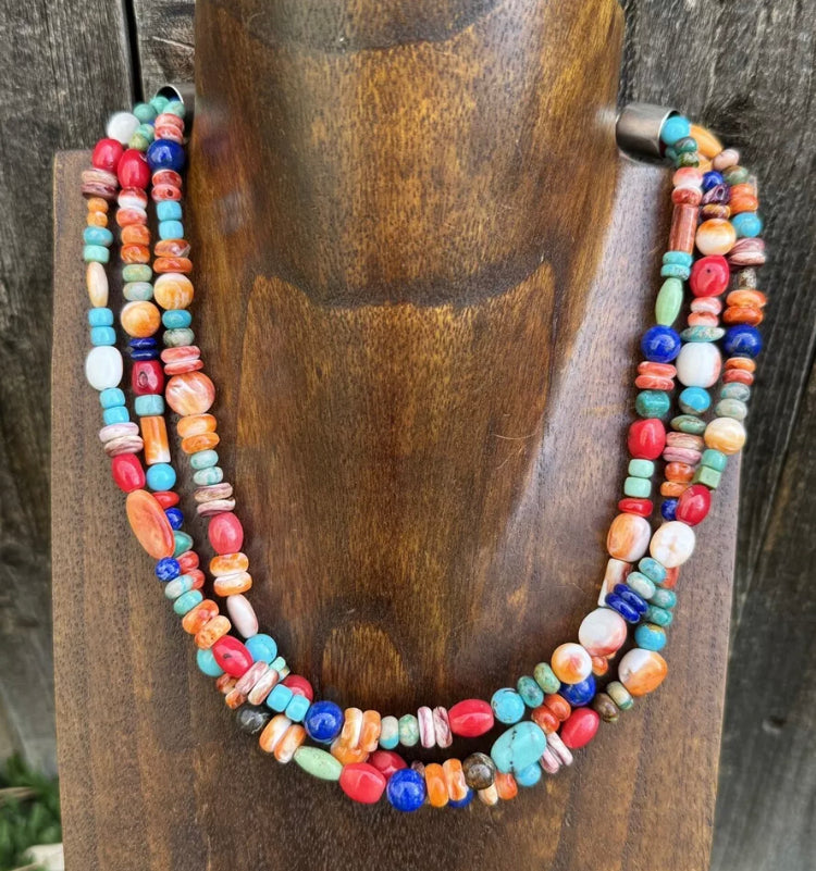 Sterling Silver Multi Strand Multi Stone Bead Necklace. 16 inch