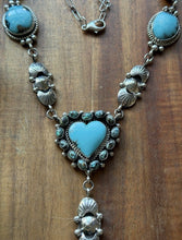 Load image into Gallery viewer, Navajo Sterling Silver Blue Turquoise Heart Lariat Pearls Bead Chain Necklace RY