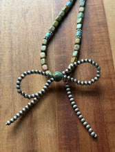 Load image into Gallery viewer, Bow Sterling Silver Blue Green Turquoise Pearls Bead Necklace. 18 inch Gift