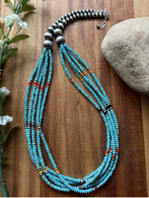 Load image into Gallery viewer, Sterling Silver Multi Strand Stone Blue Turquoise Pearls Bead Necklace. 26 inch