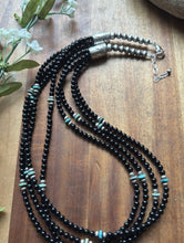 Load image into Gallery viewer, Sterling Silver Multi Strand Black Onyx Turquoise Bead Necklace. 22 Inch