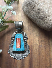 Load image into Gallery viewer, Albert Jake Navajo Sterling Silver Blue Turquoise Spiny Oyster Inlay Pendant