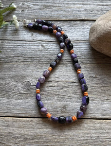 Sterling Silver Charoite Nuggets Orange Spiny Oyster Bead Necklace. 18 Inch