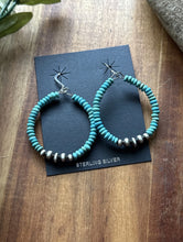 Load image into Gallery viewer, Sterling Silver Blue Turquoise Bead W Pearls Loop Hoop Earrings.
