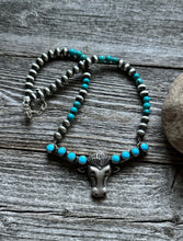 Load image into Gallery viewer, Navajo Sterling Silver Blue Turquoise Bar Pearls Necklace 16 inch Kevin Billah