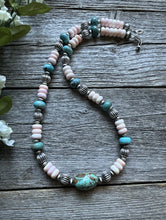 Load image into Gallery viewer, Sterling Silver Pink Conch Turquoise Corrugated Bead Necklace 18 Inch
