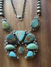 Load image into Gallery viewer, Navajo Sterling Silver Blue Green Royston Turquoise Lariat Pearls Naja Necklace