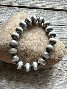 10mm 7 Inch Stretch Sterling Silver Oxidized Pearls Bead Bracelet Southwestern