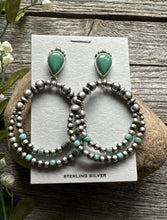 Load image into Gallery viewer, Navajo 925 Sterling Silver Turquoise Pearl Double Loop Earrings. 2.75 Inch AP