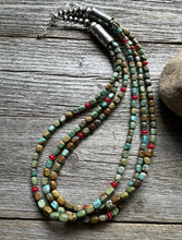 Load image into Gallery viewer, Sterling Silver Multi Strand Blue Green Turquoise Coral Bead Necklace 22 inch