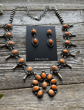 Load image into Gallery viewer, Small Navajo Squash Blossom Sterling Silver Orange Spiny Oyster Necklace Set E