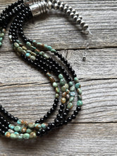 Load image into Gallery viewer, Sterling Silver Multi Strand Black Onyx Turquoise Nuggets Bead Necklace. 24 Inch