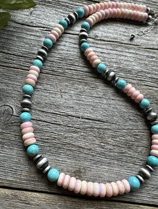 Sterling Silver Pink Conch Blue Turquoise Bead Necklace 20 Inch. Gift