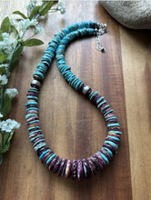 Load image into Gallery viewer, Sterling Silver Graduated Purple Spiny Oyster Turquoise Pearls Bead Necklace 18”