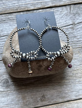 Load image into Gallery viewer, Sterling Silver Bow Purple Spiny Oyster Pearls Hoop Bead Earrings 3.5 Inch