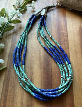 Load image into Gallery viewer, Sterling Silver Heishi Multi Strand Stone Lapis Turquoise Bead Necklace. 24 inch