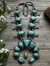 Load image into Gallery viewer, Navajo Sterling Silver Blue Turquoise Squash Blossom Pearls Necklace. K Yazzie