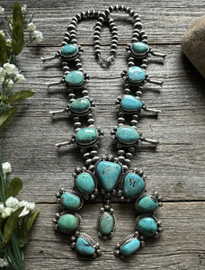 Navajo Sterling Silver Blue Turquoise Squash Blossom Pearls Necklace. K Yazzie