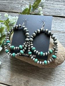 Southwestern SterlingSilver Green Turquoise Pearls Double Loop Earrings 2.5 Inch