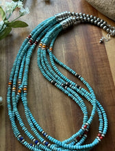 Load image into Gallery viewer, Sterling Silver Multi Strand Stone Blue Turquoise Bead Necklace. 24 inch