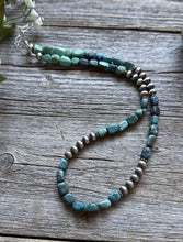 Load image into Gallery viewer, Sterling Silver Blue Green Turquoise W Pearls Bead Necklace. 18 inch