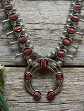 Load image into Gallery viewer, Mini Squash Blossom Sterling Silver Red Coral Shadow Box Necklace Set 22 Inch
