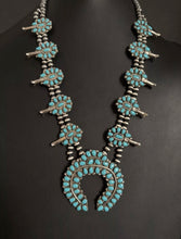 Load image into Gallery viewer, Vintage Navajo Sterling Silver Blue Turquoise Squash Blossom Pearls Necklace T