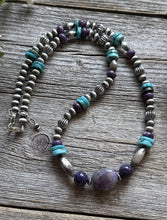 Load image into Gallery viewer, Sterling Silver Charoite Turquoise Bead Necklace. 22 Inch