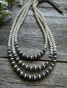 Sterling Silver Freshwater Pearls Multi Strand Layered Bead Necklace. 26-30 Inch