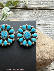 Navajo Native American Sterling Silver Turquoise Cluster Stud Earrings