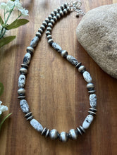 Load image into Gallery viewer, Sterling Silver White Buffalo Turquoise Nuggets W Pearls Bead Necklace. 18 inch