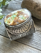 Load image into Gallery viewer, Sunshine Reeves Sterling Silver Green Royston Turquoise Cuff Bracelet. Navajo