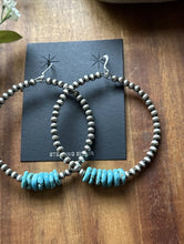 Load image into Gallery viewer, Large Sterling Silver Blue Turquoise Bead 4mm Pearls Loop Hoop Earrings. 3 Inch