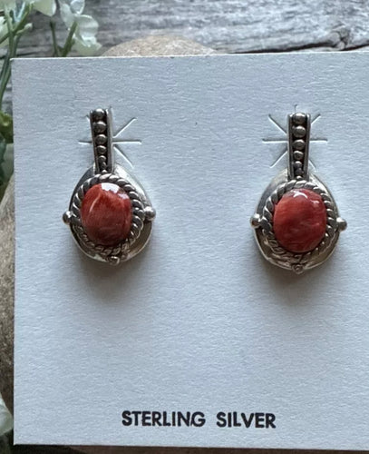 Navajo 925 Sterling Silver Red Spiny Oyster Handmade Earrings