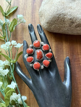 Load image into Gallery viewer, Navajo Native American Sterling Silver Red Coral Cluster Adjustable Ring. T Jon