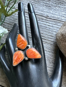 Jimmy Garcia Sterling Silver Orange Spiny Oyster Adjustable Ring. Navajo