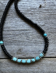 Southwestern 925 Sterling Silver Black Onyx Turquoise Bead Necklace 18 Inch