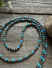 Load image into Gallery viewer, Long Sterling Silver Blue Turquoise W 6mm Pearls Bead Necklace 43 inch Gift
