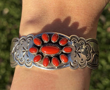 Load image into Gallery viewer, Navajo Native Sterling Silver Red Coral Cluster Cuff Bracelet Rew Dineh