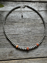 Load image into Gallery viewer, Sterling Silver 4mm Pearls Orange Spiny Oyster Bead Necklace Choker 14 inch