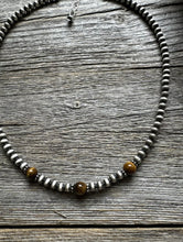 Load image into Gallery viewer, Sterling Silver 4mm Pearls with Brown Tigers Eye Bead Necklace Choker. 14 inch