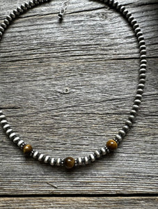 Sterling Silver 4mm Pearls with Brown Tigers Eye Bead Necklace Choker. 14 inch