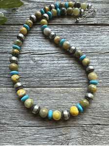 Sterling Silver Bumblebee Jasper Turquoise W Pearls Bead Necklace. 18 inch