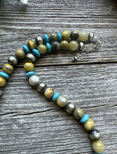 Sterling Silver Bumblebee Jasper Turquoise W Pearls Bead Necklace. 18 inch