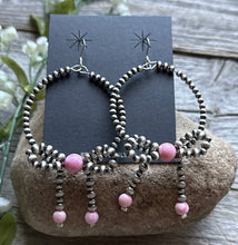 Load image into Gallery viewer, Sterling Silver Bow Pink Conch Pearls Hoop Bead Earrings 3.5 Inch
