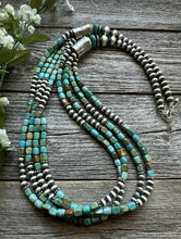 Load image into Gallery viewer, Sterling Silver Multi Strand Blue Green Turquoise Pearls Bead Necklace. 30 inch