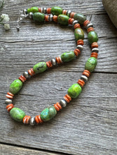 Load image into Gallery viewer, Sterling Silver Orange Spiny Oyster Green Turquoise Bead Necklace. 20 inch