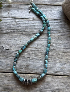 Sterling Silver Turquoise Nuggets Corrugated Pearl Bead Necklace. 18 inch